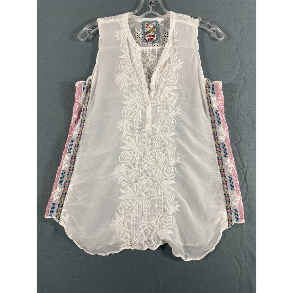 Johnny Was Popoever Blouse Sz XS White Embroidered Sleeveless Boho Coastal